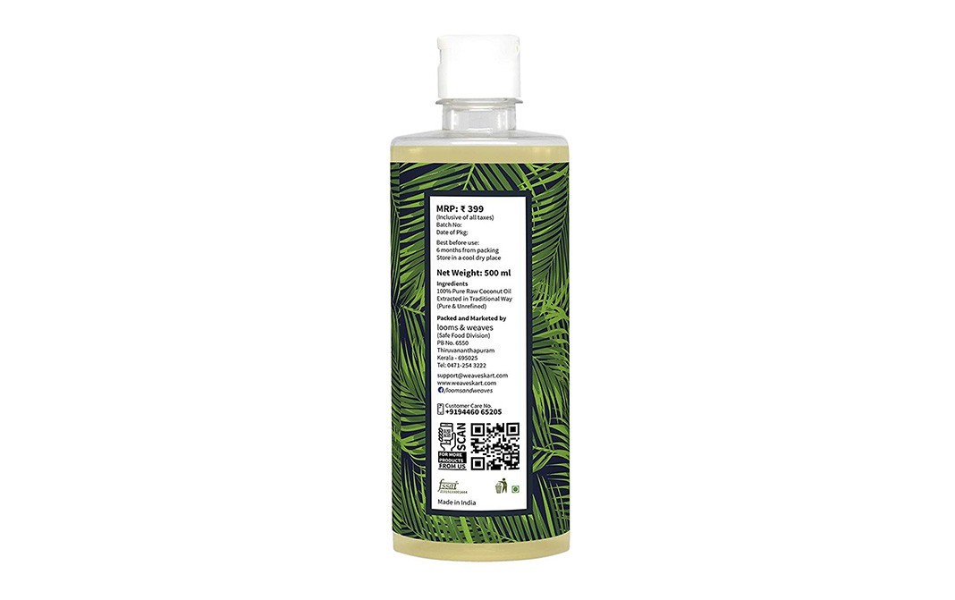 Looms & Weaves Pure Raw Coconut Oil (Unrefined)   Bottle  500 millilitre
